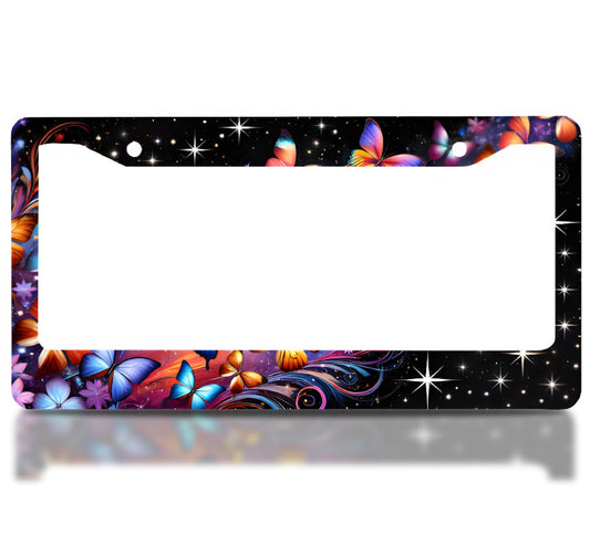 License Plate Frame for US Standard 6x12.25 Inch Print Multi Color Butterflies - Black Background with 2 Standard Slotted Mounting Holes - Stainless Steel Frame Original Accessory Car