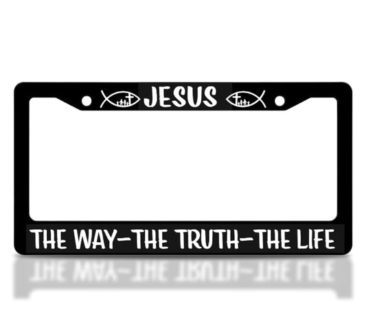 Black Car License Plate Frame 6x12.25 Inch - Stainless Steel Frame - for US Standard License Plate Jesus The Way The Truth The Life Christian - Religious Frame with 2 Holes and Screws