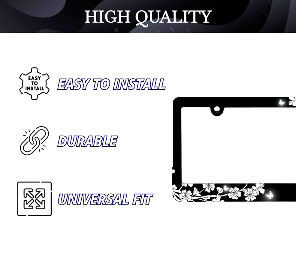 Floral Black White Cherry Blossoms License Plate Frame for US Standard - Flowers License Plate Frames Stainless Steel - Auto Parts Decorative 6x12.25 inch Plate Frame with 2 Holes and Screws