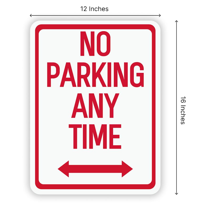 Set of 3 Double Sided 12x16 Inches No Parking Any Time Sign with Metal Wire H-Stakes - Red on White Plastic Sign with Bidirectional Arrow - Yard Signs with No Parking Space for Indoor or Outdoor