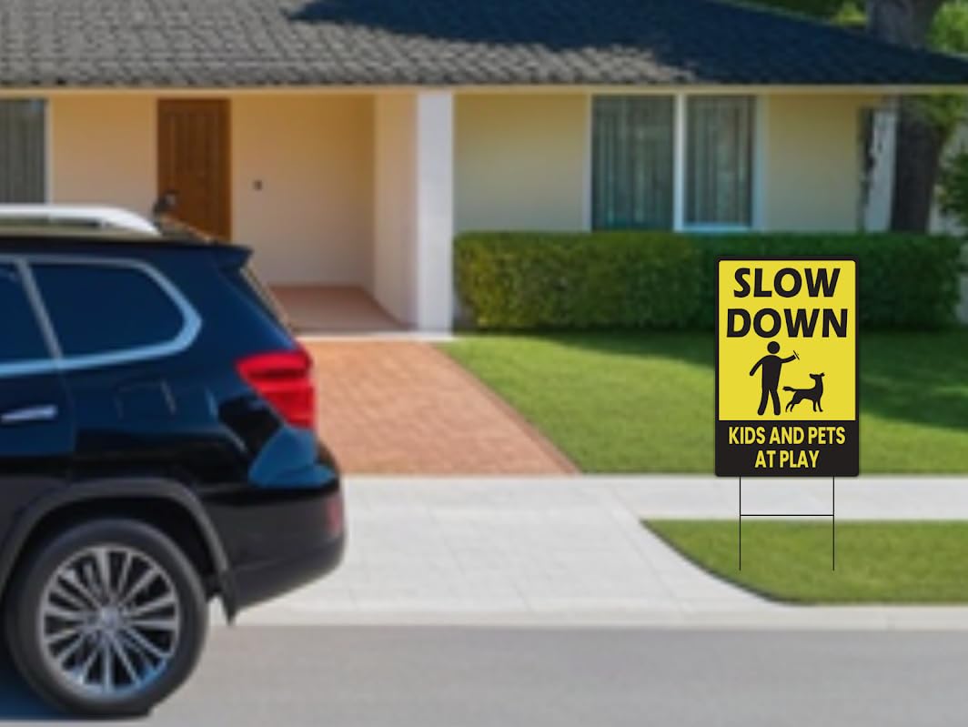 Set of 3 Plastic Slow Down Kids and Pets at Play Outdoor Safety Yard Sign 12x8 Inch - Drive Carefully As It Looks Like Your Children Live Here - Beware Children in Play with Pet Signs Double Sided