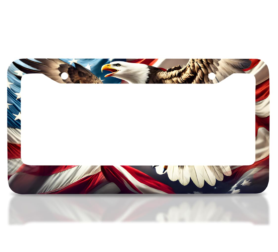 Personalized License Plate Frame 6x12.25 Inches - in The National Colors of American - Bald Eagle Print with 2 Standard Slotted Mounting Holes - Aluminum Alloy Frames for Number