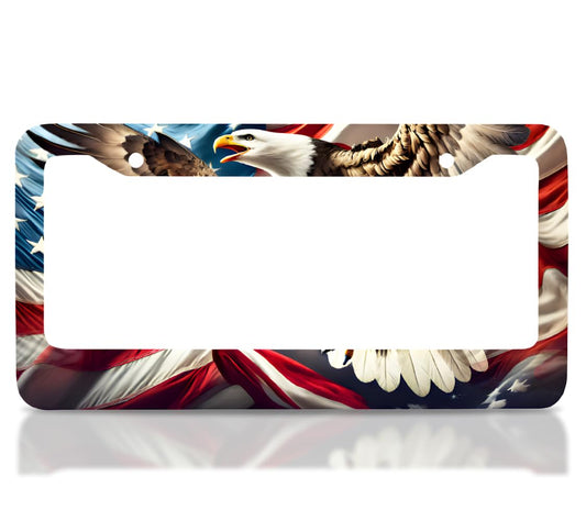 Personalized License Plate Frame 6x12.25 Inches - in The National Colors of American - Bald Eagle Print with 2 Standard Slotted Mounting Holes - Aluminum Alloy Frames for Number