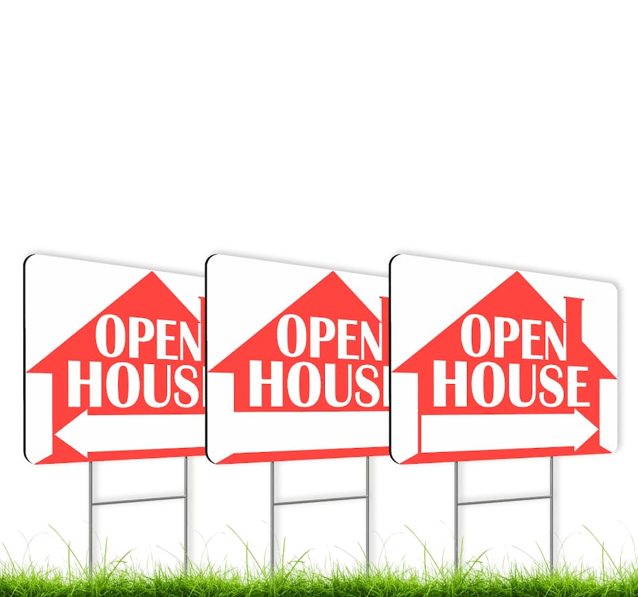 Set of 3 Double Sided 12x16 Inches Plastic Sign "Open House" - Signs Realtor Supplies Real Estate and Sale - Brokerages for Tenants Private Property - Signage Homeowners Selling Their Homes