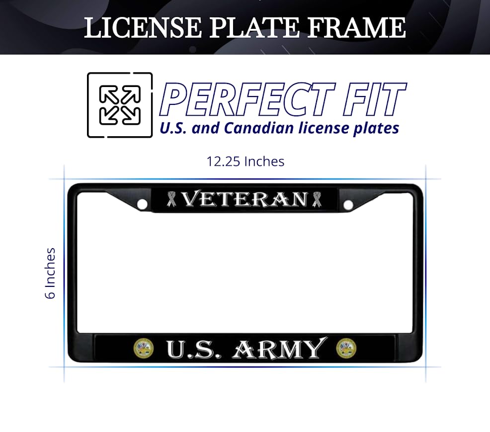 Car License Plate Frame - License Plate Frame US Army Veteran - Standart Cars USA Stainless Steel Frame for Front and Rear - Metal Plate Frame with 2 Holes and Screws 6x12.25 inches