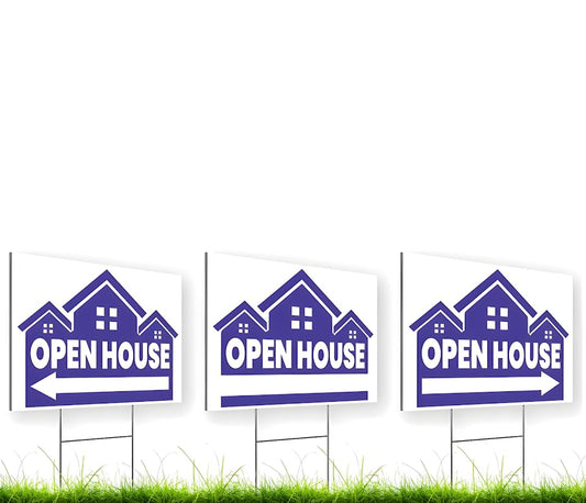 Set of 3 Double Sided 12x16 Inches Plastic Open House Signs with Metal H-Stakes - Property Signs with Directional Arrows Real Estate Agent Delivers Blue Color to Realtor - Open Door Sign