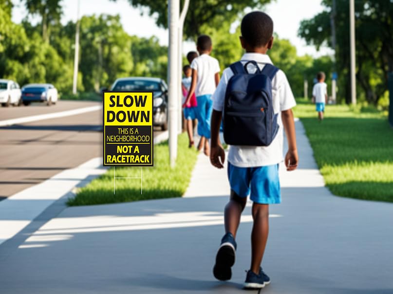 Set of 3 Please Slow Down Signs for Neighborhoods with Metal H-Stake 12x8 - Plastic Double Sided Street Slow Sign - Children at Play Safety Signs for Street - Drive Like Your Kids Live Here Yard Sign