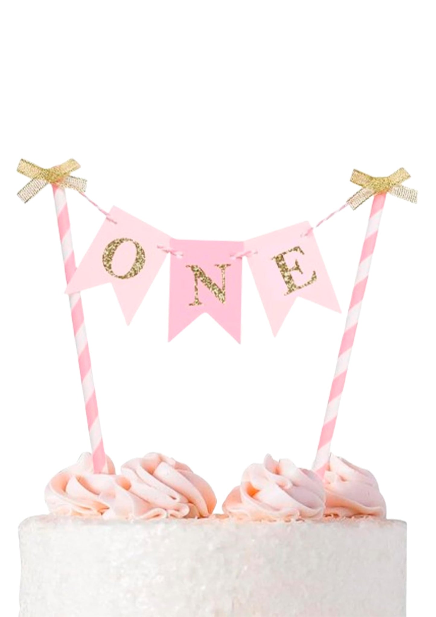 Paper One Cake Topper for Baby Girls - Pink and Gold Cake Topper Banner for 1st Birthday - First Birthday Cake Topper or Paper Straw Cake Toppers - Paper Textured Cake Decoration for One Birthday