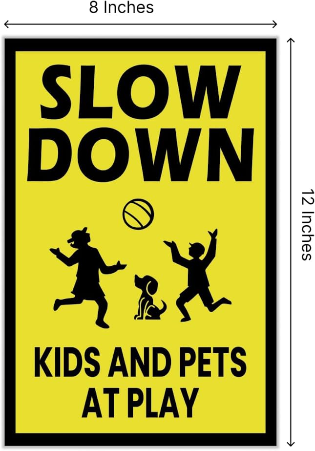 3 Pack Single Sided 8x12 Please Slow Down Kids and Pets at Play Yard Sign with Metal H-Stakes - Children At Play - Drive Like Your Kids Live Here Safety signs for Street - Cat Crossing Sign