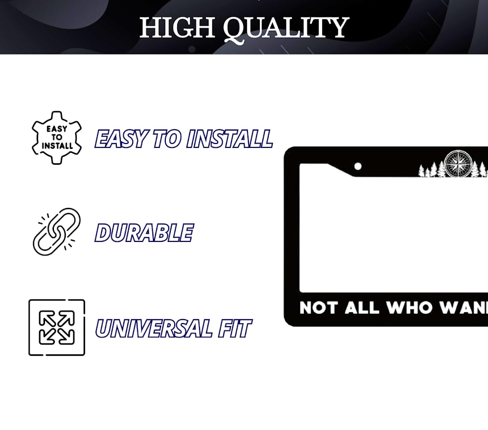 Personalized Car License Plate Frame Not All Who Wander are Lost - Mountains Compass License Plate Frame Stainless Steel - Metal Plate Frame with 2 Holes and Screws 6x12.25 inches for US Standard