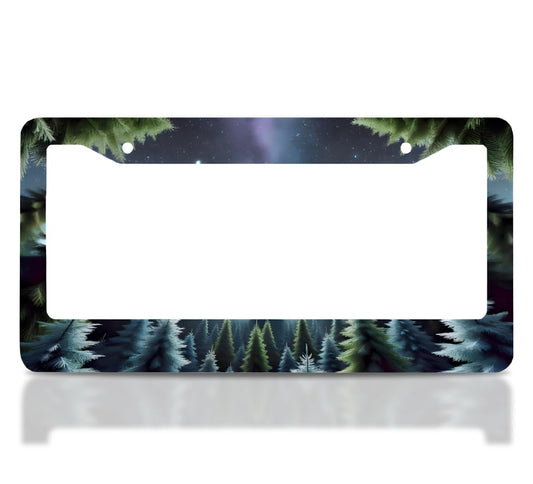 License Plate Frames 6x12.25 Inches - Dark Soft Tones Mysterious Dark Forest with 2 Standard Slotted Mounting Holes - Night Starry Sky Background - Stainless Steel Frame for Your Car