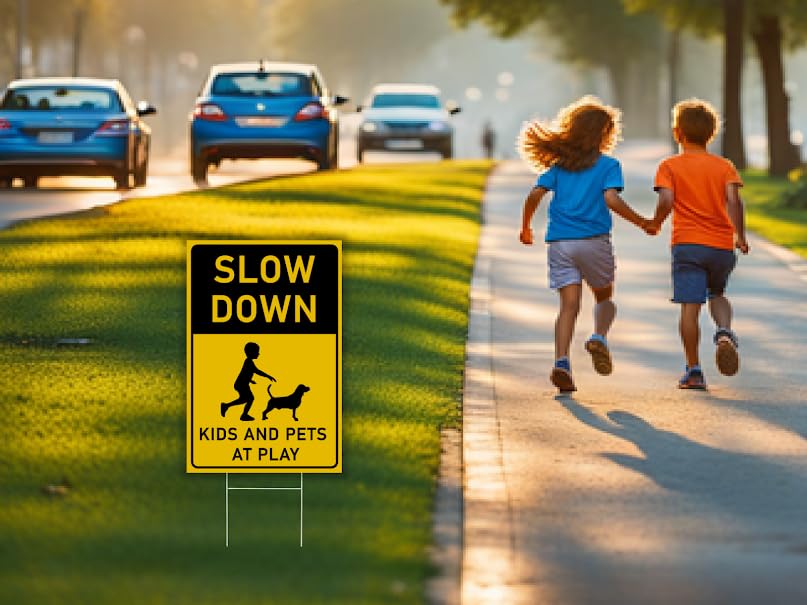 3 Pack 8x12 inch Please Slow Down Kids and Pets at Play Yard Signs with Metal Wire H-Stakes - Street Slow Children at Play Sign - Drive Like Your Kids Live Here Sign - Easy to Mount for Driveway