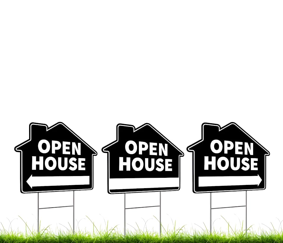 Set of 3 Double Sided 12x16 Inches Plastic Open House Signs with Metal H-Stakes - Black Sign for Real Estate Agent Supplies - Realtor Supplies for Sent Houses for Sale By Owner Yard Sign