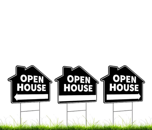 Set of 3 Double Sided 12x16 Inches Plastic Open House Signs with Metal H-Stakes - Black Sign for Real Estate Agent Supplies - Realtor Supplies for Sent Houses for Sale By Owner Yard Sign