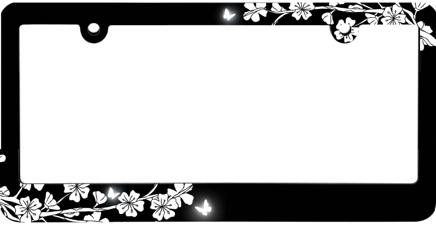Floral Black White Cherry Blossoms License Plate Frame for US Standard - Flowers License Plate Frames Stainless Steel - Auto Parts Decorative 6x12.25 inch Plate Frame with 2 Holes and Screws
