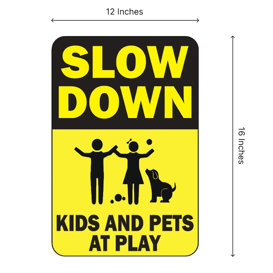 Set of 3 Double Sided 12x16 Inches Slow Down Kids and Pets At Play Sign with Metal Wire H-Stakes - Plastic Playing Kids in the Street Sign - Children At Play Signs for Street Neighborhoods