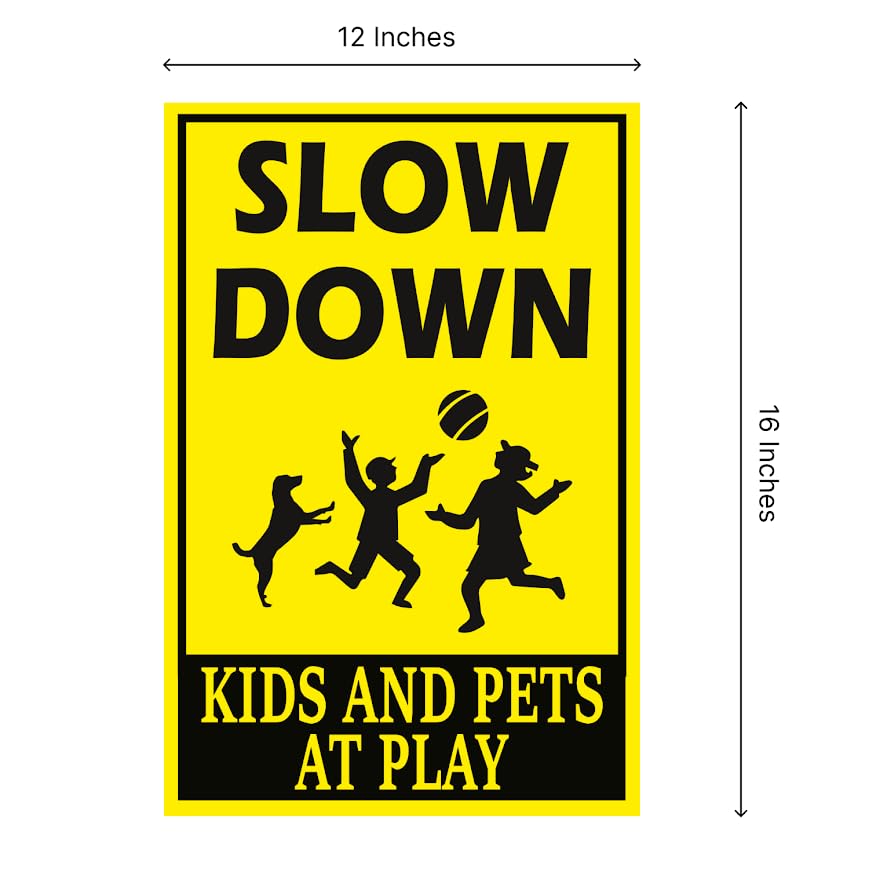 Set of 3 Double Sided 12x16 Inches Plastic Signs Please Slow Down Kids and Pets At Play or Children At Play with Metal Wire H-Stakes - Plastic Playing Kids in the Street Sign - Speed Limit Yard Signs