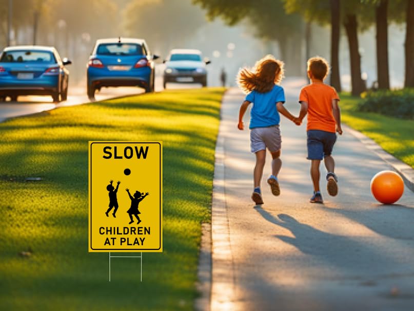 3 Pack 8x12 inch Slow-Children at Play Yard Signs with Metal Wire H-Stakes - Drive Like Your Kids Live Here Sign - Traffic Safety Signs for Neighborhoods - Children At Play Safety Signs for Street