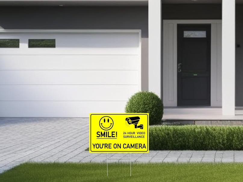 3 Pack 8x12 Inch Smile Your on Camera Signs with Stake - No Tresspassing. Private Property Video Surveillance Home Security Yard Sign - Warning Signs for Property - Single Sided Signs off Lawn Outdoor