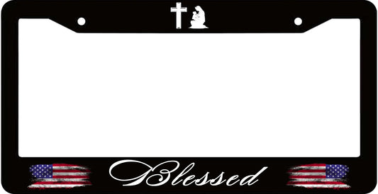 Blessed American Flag License Plate Frame - Cross Pray for US License Plate Frames - Stainless Steel Accessories Cars - Metal Plate Frame with Screws 6 x 12.25 inches - Holes Fits Standard US Vehicles