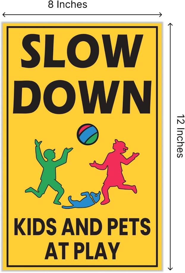 Plastic Drive Slow Kids Play Sign Set 12x8 Inch Double Sided - Street Safety Signs with Stakes - Attention Kids Playing Road Sign - Caution and Slow Kids standing sign - Kids in Play Safety Signs