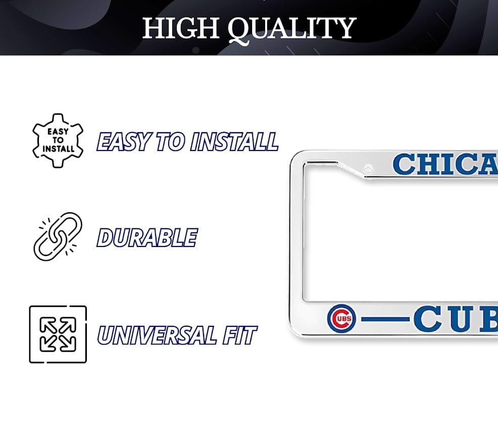 Personalized Car License Plate Frame for US Standard - Chicago Cubs 6x12.25 Inch License Plate Frames with 2 Holes and Screws - Stainless Steel Frame for Front and Rear - Universal American Frames
