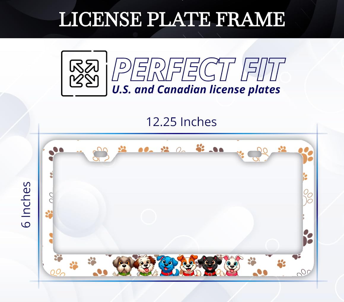 License Plate Frame 6x12.25 Inches with Animal Paws on Frame with 2 Standard Slotted Mounting Holes - Stainless Steel Number Plate Frame with Print - Exclusive Print and Decoration for Your Car