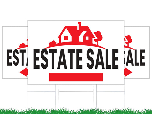 8x12 Inch pack of 3 Double Sided Estate Sale Signs - Estate Sale Arrows Signs with Metal H Stakes - House For Sale Signs for Real Estate Agent Realtor Supplies - Real Estate Perfect for Home Owners