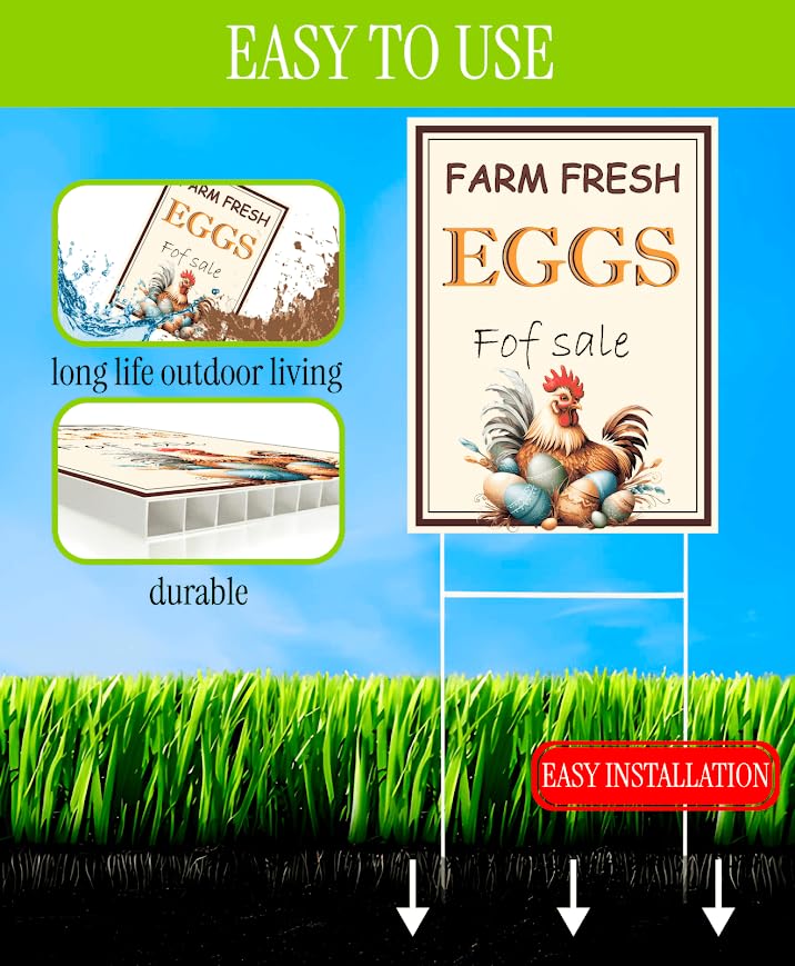 Set of 3 Double Sided 12x16 Inches Farm Fresh Eggs For Sale Sign with Metal H-Stakes - Fresh Chicken Eggs For Sale Sign - Plastic Farm Fresh Eggs Sold Here Yard Sign - Signs Chicken Coop Decoration