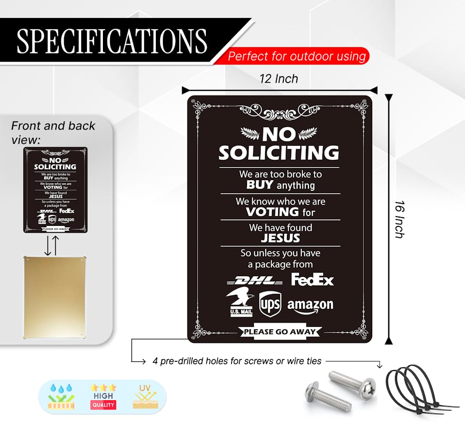 12x16 inch Metal Tin Signs with Quote "No Soliciting" - No Soliciting Sign for Home and Business - Property Protected by Surveillance with Yard - No Intrusion Private Property Metal Sign Decoration