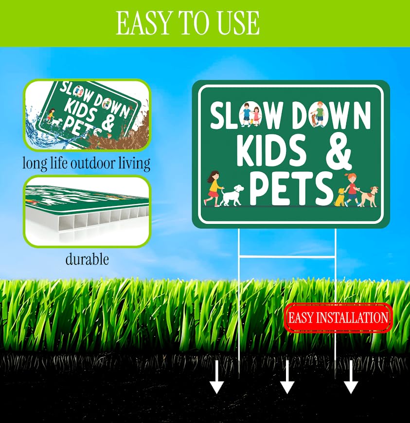 Set of 3 Double Sided 12x16 Inches Plastic Sign "SLOW DOWN KIDS & PETS" - Сaution Сhildren at Play Signs for Street - Drive Like Your Kids Live here Yard Signage - Speed Limit Warning Regulated Area