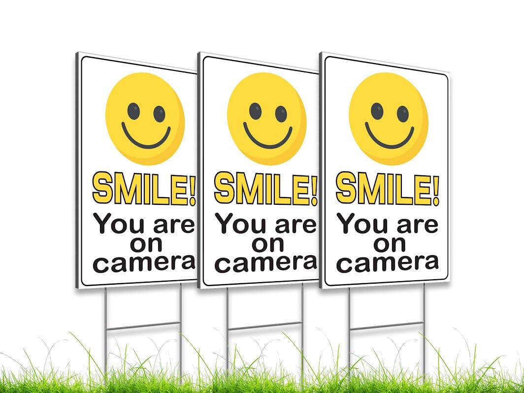 Pack of 3 Funny Smile You're On Camera Yard Signs with H-Stakes - 12"x8" Double-Sided Video Surveillance Sign Outdoor - Security Camera Sign for Yard Home House - Video Surveillance Signs