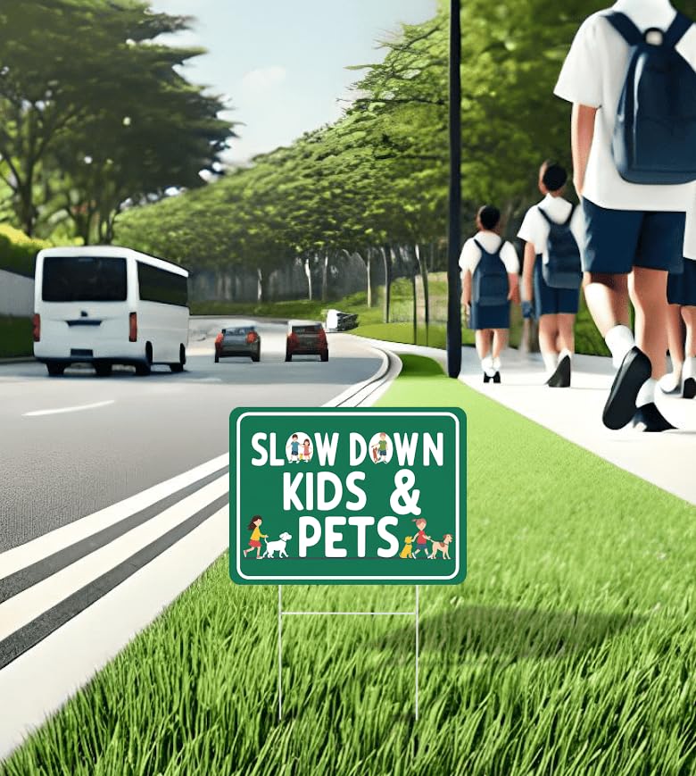 Set of 3 Double Sided 12x16 Inches Plastic Sign "SLOW DOWN KIDS & PETS" - Сaution Сhildren at Play Signs for Street - Drive Like Your Kids Live here Yard Signage - Speed Limit Warning Regulated Area