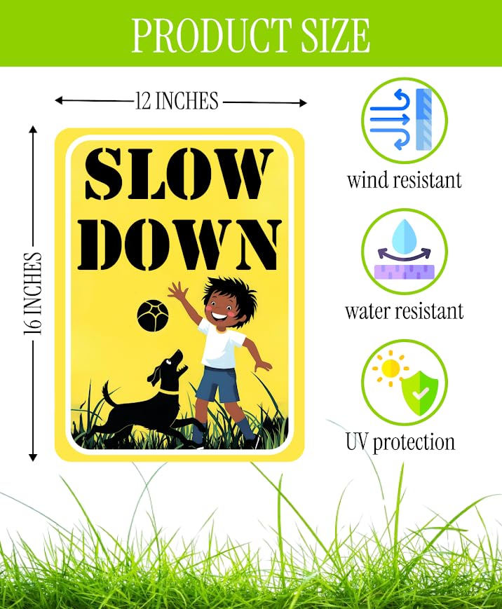 Set of 3 Double Sided 12x16 Inches "SLOW DOWN" Sign with Metal H-Stakes - Children at Play Safety Signs for Street - Kids Playing and Neighborhood Watch Signage - Drive Slow Speed Limit