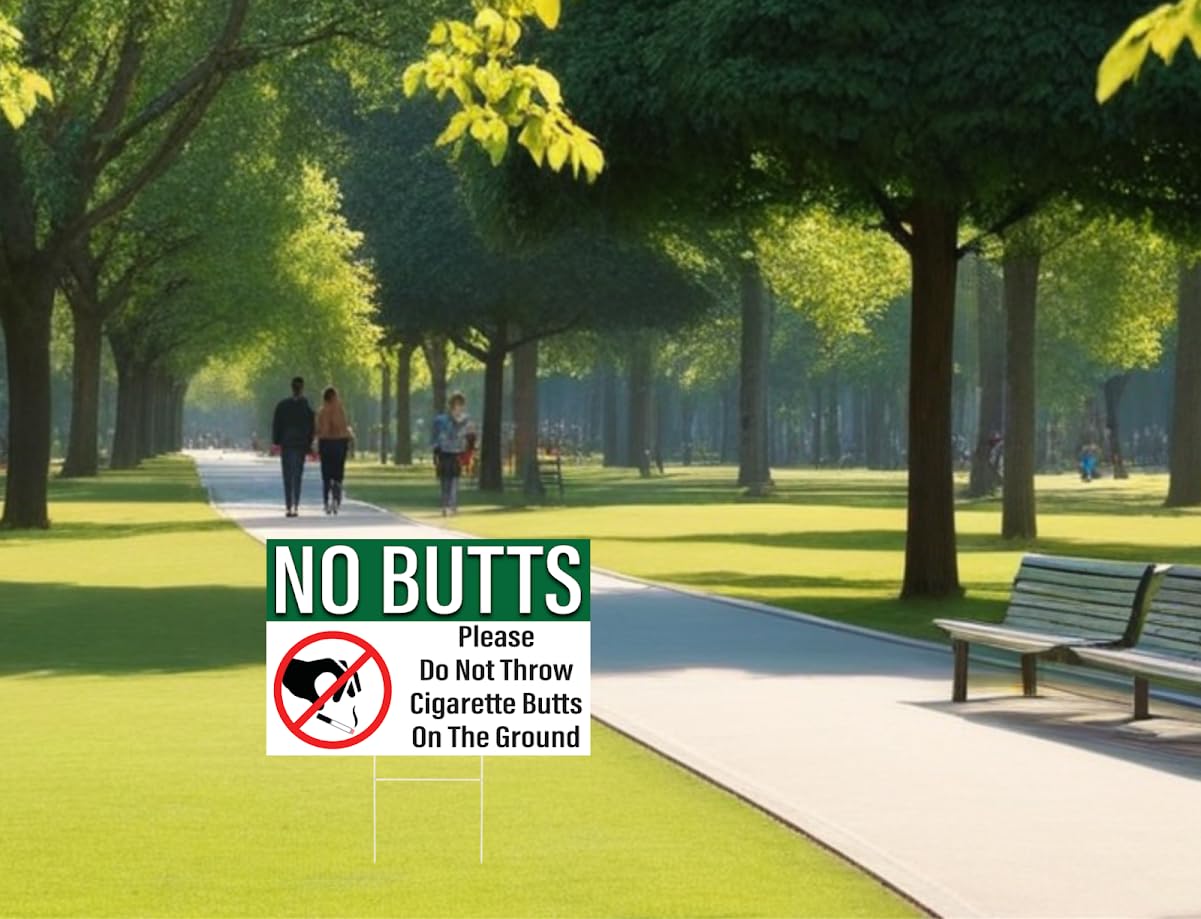 12 x 8 No Cigarette Butts Signs - Coroplast No Butts Signage with Stake - No Littering Sign Outdoor - Please Do Not Throw Cigarette Butt Signs - No Smoking Table Plastic Sign Double Side