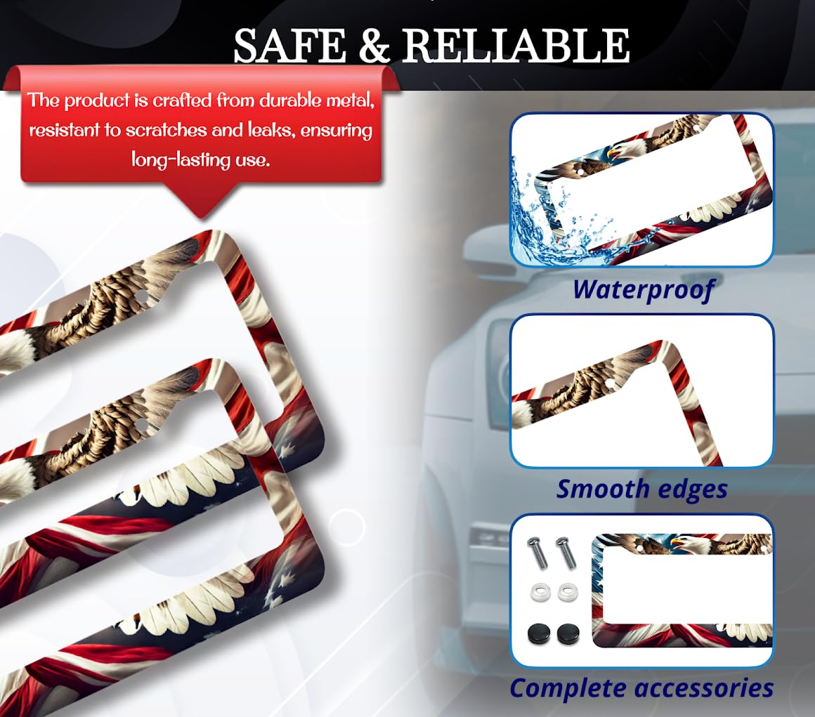Personalized License Plate Frame 6x12.25 Inches - in The National Colors of American - Bald Eagle Print with 2 Standard Slotted Mounting Holes - Aluminum Alloy Frames for Number