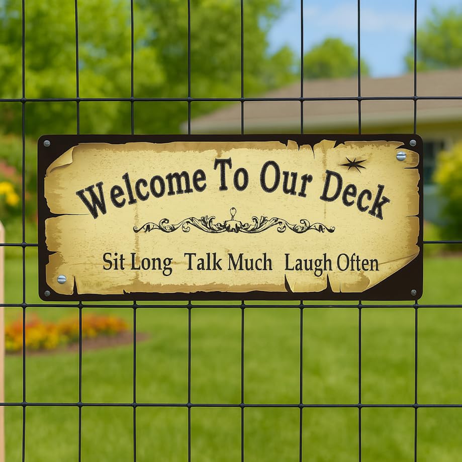 15.7x5.9 inch Metal Tin Signs with Quote "Welcome to Our Deck" - Welcome Signs for Backyard Wall Decor Accessories - Sit Long Talk Much Laugh Often - Perfect for Home and Garden Decorations
