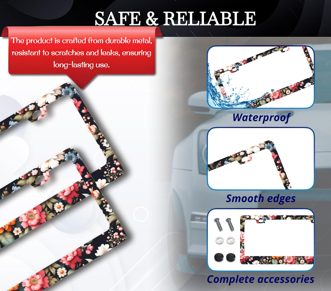 License Plate Frame 6x12.25 Inches with Natural Flowers with 2 Standard Slotted Mounting Holes - Custom License Plate Frame for Your Car - Stainless Steel Frames Flower Style Fun Decoration
