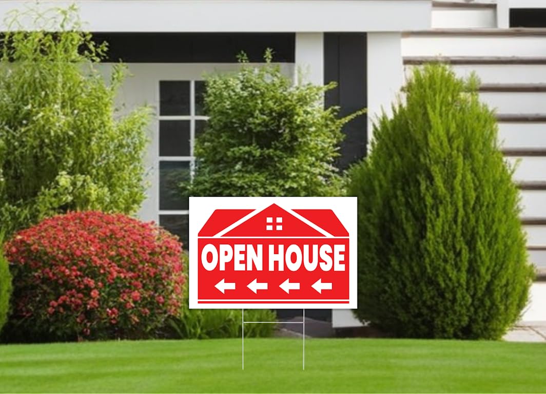 Set of 3 Signs - Red Open Doors with Plastic - Double Sided Small Lawn Real Estate Signs with Metal Directional Signs 3 Tall Stands 12 x 16 Inch for Outdoor Real Estate Agent