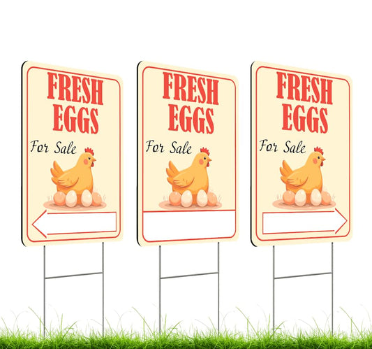 Set of 3 Double Sided 12x16 Inches Fresh Eggs For Sale Sign with Metal H-Stakes - Farm Business Supplies Home Decor - Fresh Chicken Eggs For Sale Yard Sign - Fresh Eggs Sign for Outdoor and Indoor