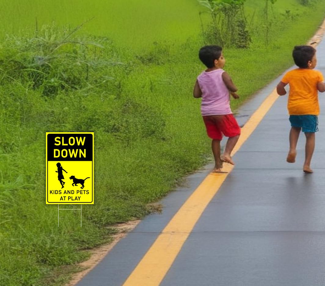 3 Pack 8x12 inch Slow Down Kids and Pets at Play Sign with Metal Wire H-Stakes - Drive Like Your Kids Live Here Sign - Street Slow Children at Play Sign - Traffic Safety Signs for Neighborhoods