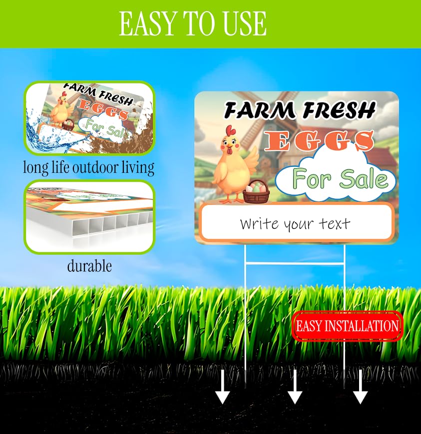 Set of 3 Double Sided 12x16 Inches "Farm Fresh For Sale Eggs" Sign with Metal H-Stakes - Signage Selling for Your Products - Natural Products Private Business Owners - Pointers For Home or Front Yard