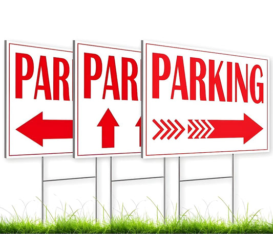 Set of 3 Double Sided 12x16 Inches Plastic Event Parking Signs with Metal H-Stakes - Yard Plastic Signs with Pointer to Parking Space - Post with Arrows Right Road Traffic Sign for Outdoor