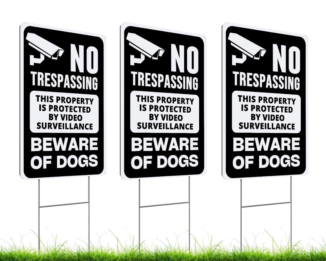 ULVEOL Set of 3 Double Sided 12x8 Inches Beware of Dog Sign with Metal Stakes - No Trespassing This Property Is Protected By Video Surveillance - Dog Warning Signs for Garden Outdoor or Indoor