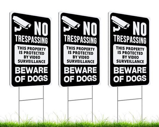 ULVEOL Set of 3 Double Sided 12x8 Inches Beware of Dog Sign with Metal Stakes - No Trespassing This Property Is Protected By Video Surveillance - Dog Warning Signs for Garden Outdoor or Indoor