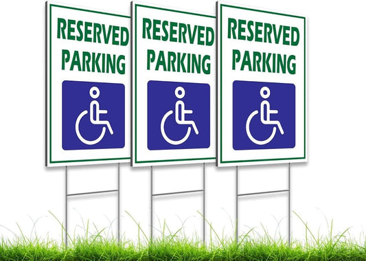 Pack of 3 Reserved Parking Sign 12x16 inch with Metal H-Shaped Stakes - Road Traffic Yard Parking Sign with Picture of Wheelchair Sign - Handicap Plastic Signs