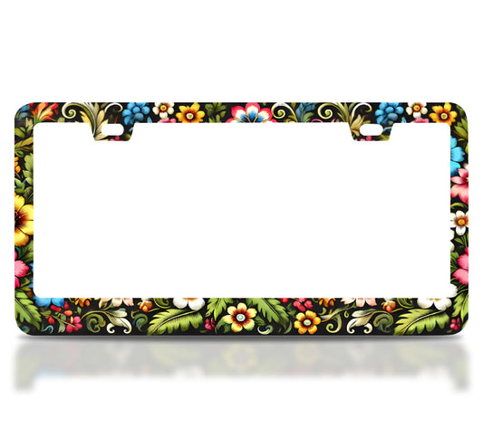 License Plate Frame 6x12.25 Inch - Multicolored Flowers on Black Background - with 2 Holes and Screws - Stainless Steel Number Frame with Print - US Standard License Plate Frames Car Accessory