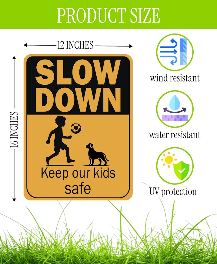 Set of 3 Double Sided 12x16 Inches Plastic Sign "SLOW DOWN Keep Our Kids Safe" - Сhildren at Play Safety Signs for Street - Drive Like Your Kids Live Here Signage - Neighborhood Watch Kids at Play