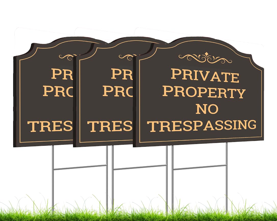 Set of 3 Double Sided 12x12 Inches Private Property No Trespassing Signs with Metal Stakes - Personalized Property Signs for Home - No Trespassing Sign for House Front Yard for Outdoor or Indoor