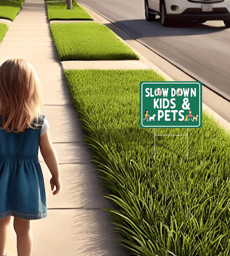 Set of 3 Double Sided 12x16 Inches Plastic Sign "SLOW DOWN KIDS & PETS" - Сaution Сhildren at Play Signs for Street - Drive Like Your Kids Live here Yard Signage - Speed Limit Warning Regulated Area